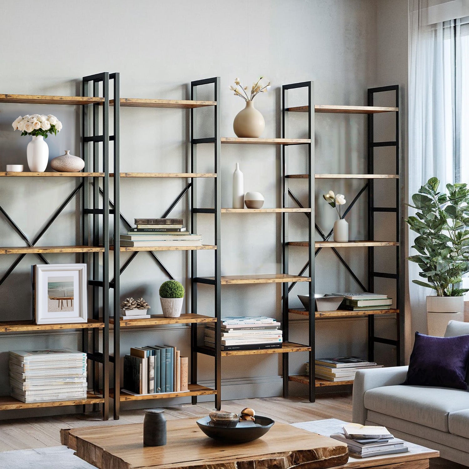 Large Etagere Bookcases Bookshelves 3 Wide 5 Tiers Industrial Bookshelf Open Display Shelves