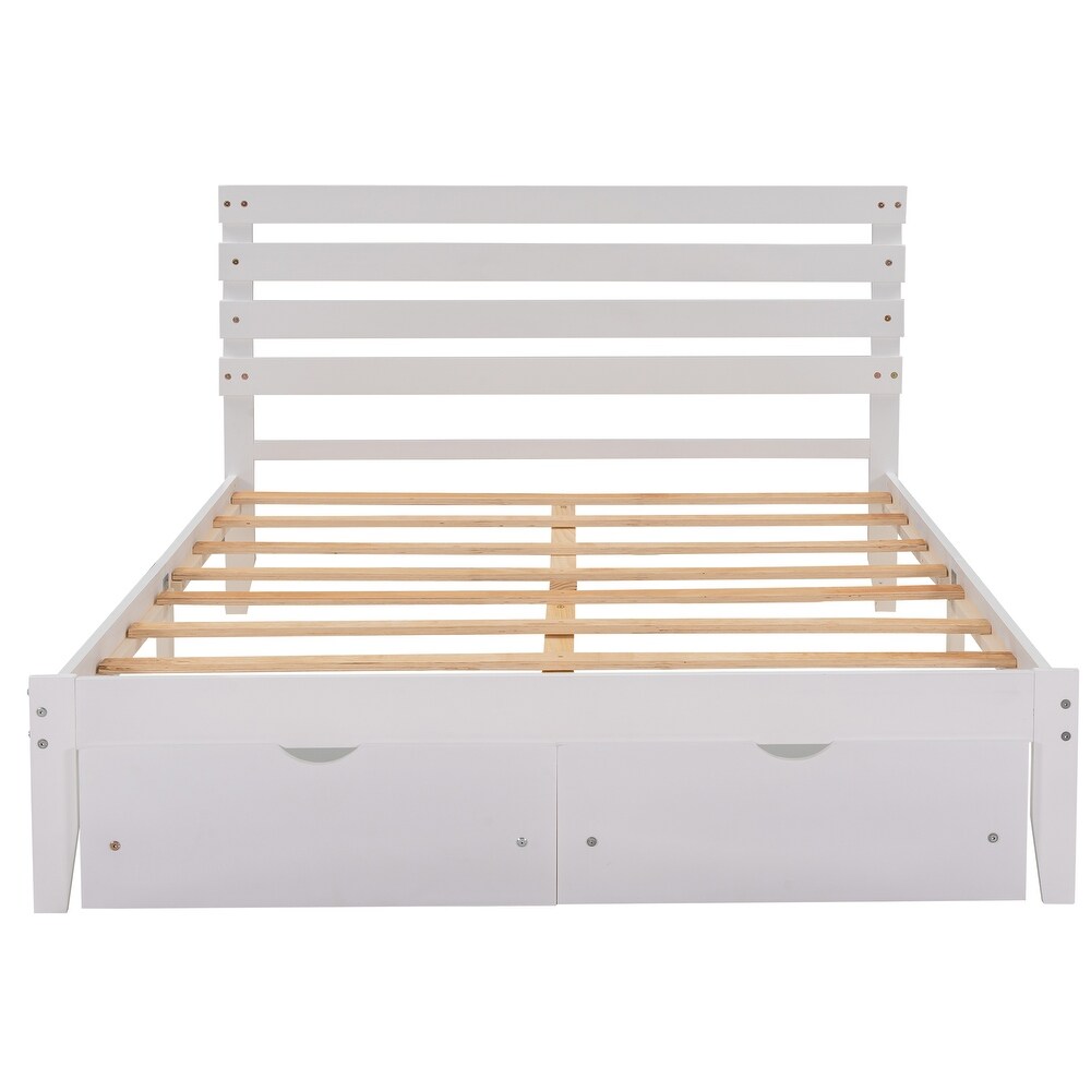 Solid Pine Platform Bed Frame with 2 Storage Drawers   Headboard