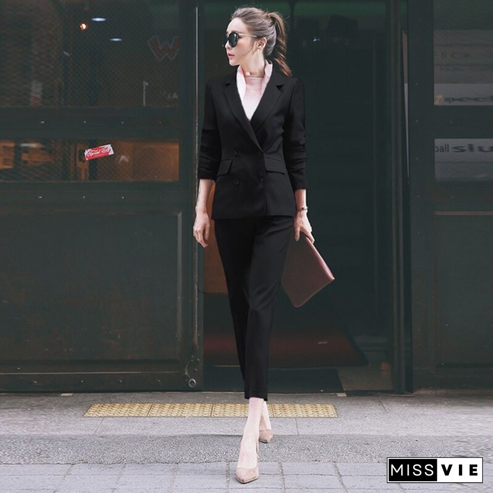 Fashion Two Pieces Sets Lapel Double Breasted Jacket And Slim Pant Suits Women Blazer Suits Office Ladies Outfits Business Set