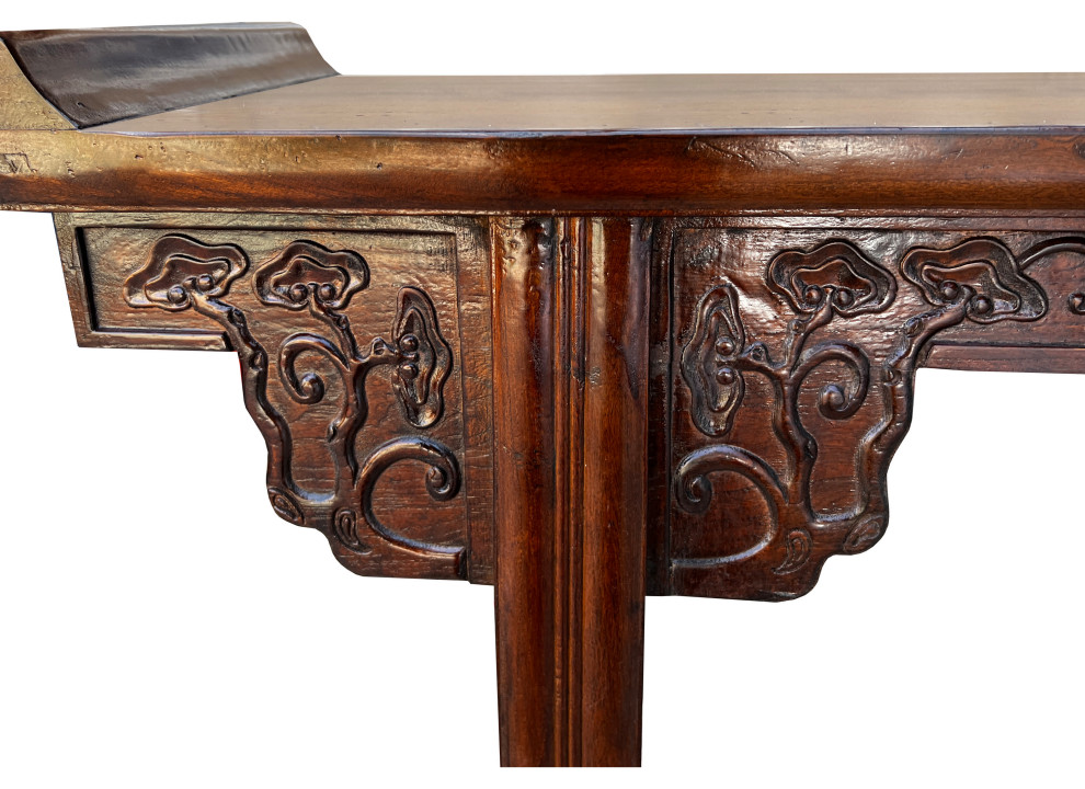 Chinese Brown Elm Wood Point Edge Relief Carving Altar Table Hcs7655   Asian   Console Tables   by Golden Lotus Antiques  Houzz