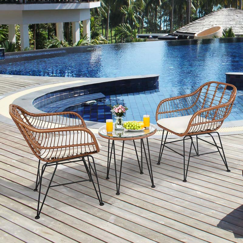 3 Pcs Patio Conversation Bistro Set Outdoor Rattan Furniture Set with Round Table & 2 Rattan Cushioned Armchairs