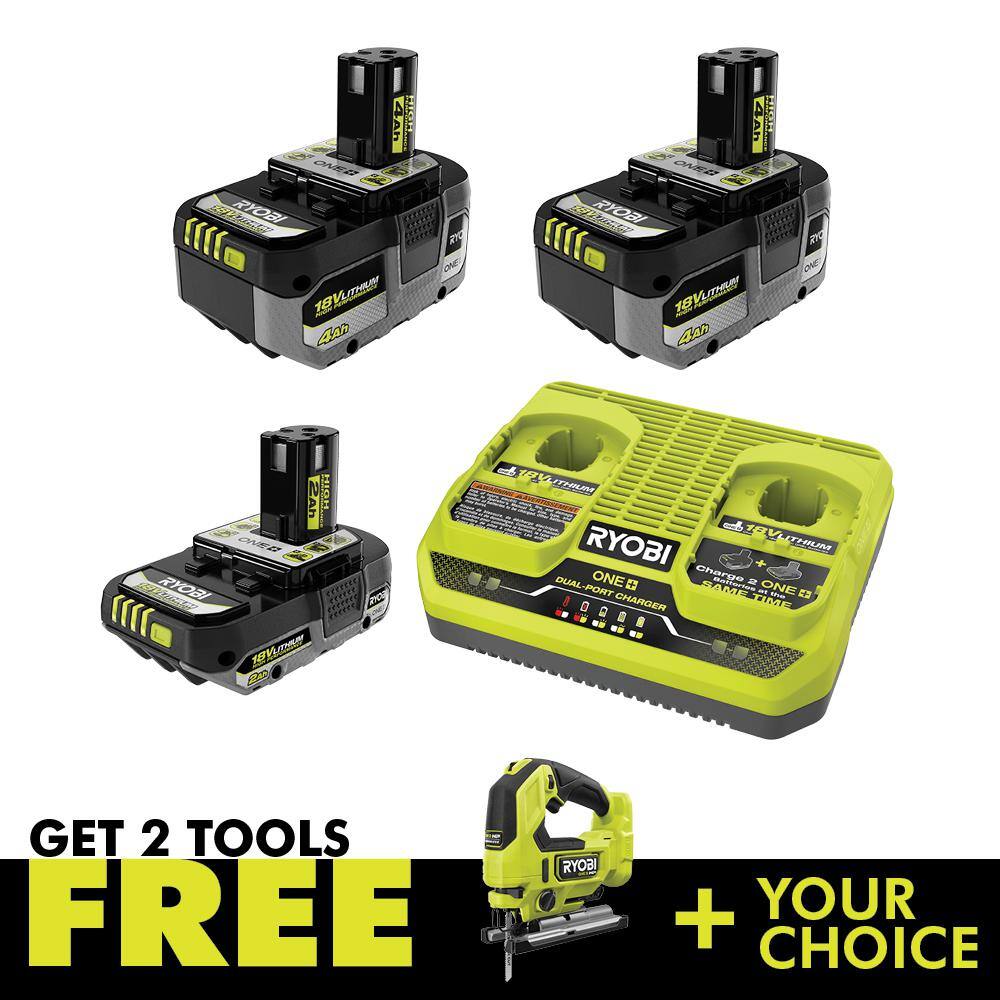 RYOBI ONE+ 18V HIGH PERFORMANCE Kit w (2) 4.0 Ah Batteries 2.0 Ah Battery 2-Port Charger  ONE+ HP Brushless Jig Saw PSK023-PBLJS01B