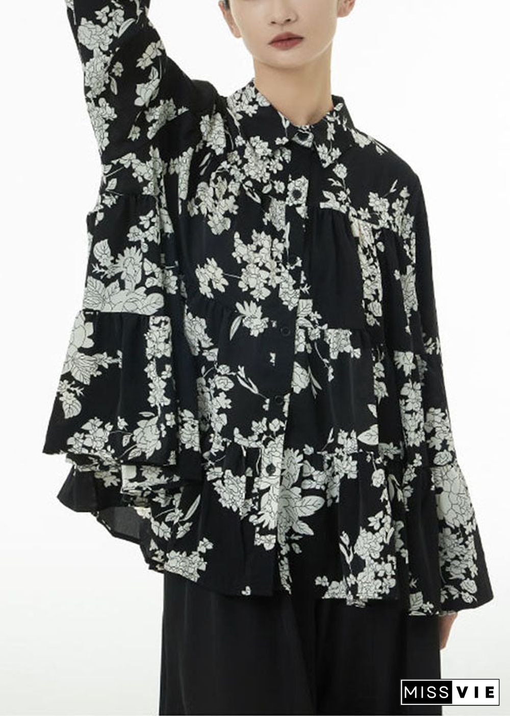 Black Print Patchwork Cotton Blouses Tops Oversized Wrinkled Spring