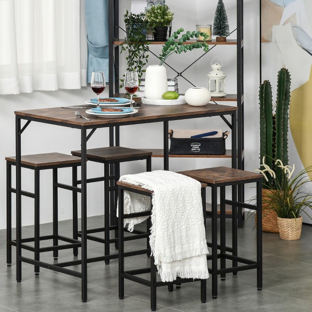 Gadgsetstore 5 piece Industrial Dining Table Set Bar Table amp 4 Stools Set Space Saving For Pub amp Kitchen Black brown