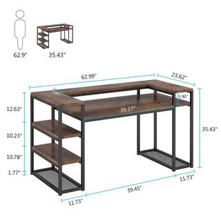 TRIBESIGNS WAY TO ORIGIN Heidi 63 in. Rectangular Black Metal Brown Particle Board Wood Computer Desk with Storage Shelves Monitor Printer Stand HD-F1352