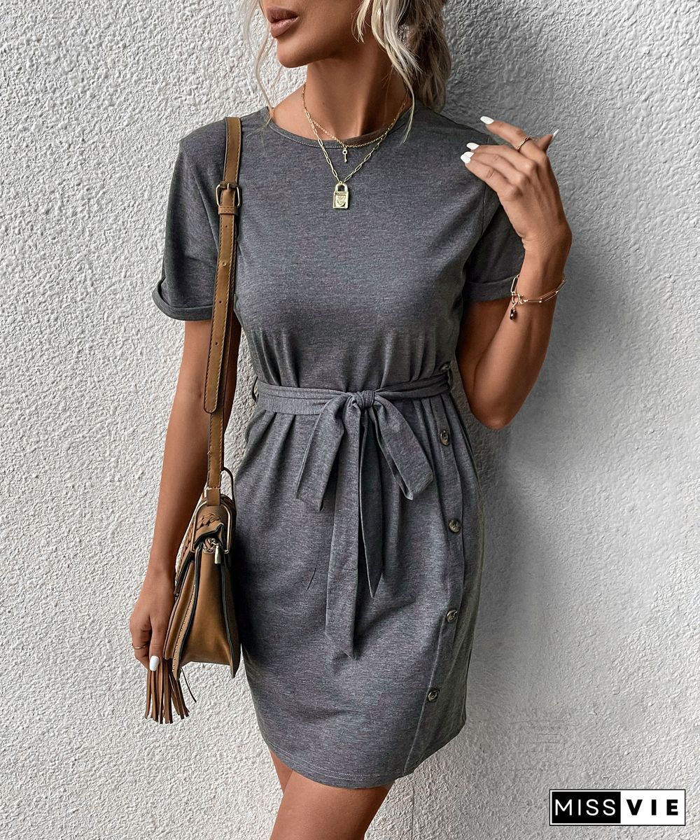 Dark Grey Side Button T-Shirt Dress With Sash