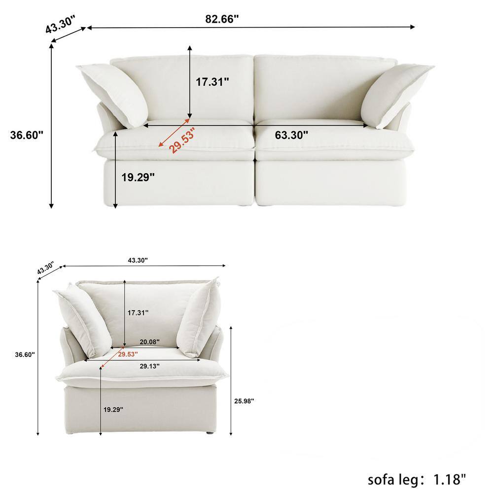 Magic Home 2-Piece Down Filled Comfort Overstuffed Linen Cover Removeable Modular Living Room Set (1-Seater plus Loveseat ) White CS-SM000297AAE