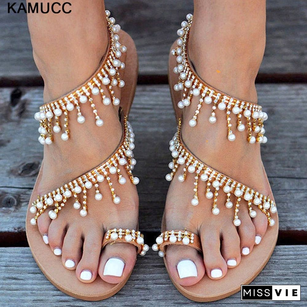 Women Sandals Summer Shoes Flat Pearl Sandals Comfortable String Bead Slippers Women Casual Sandals Size 34 - 43