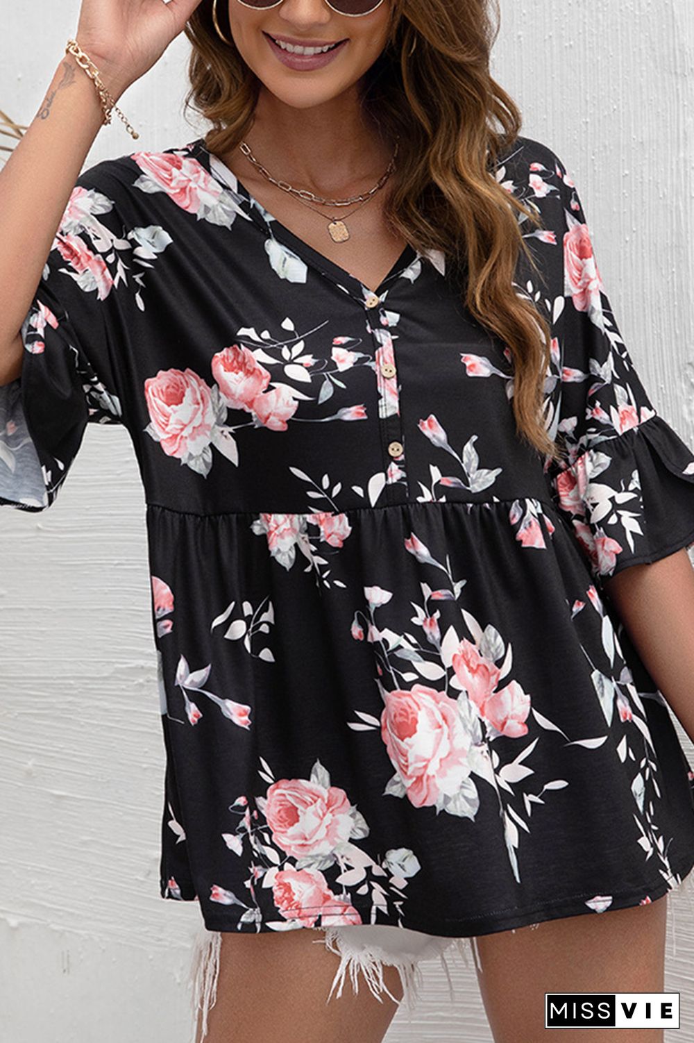 Floral Print V Neck Button Ruffle Blouse Wholesale