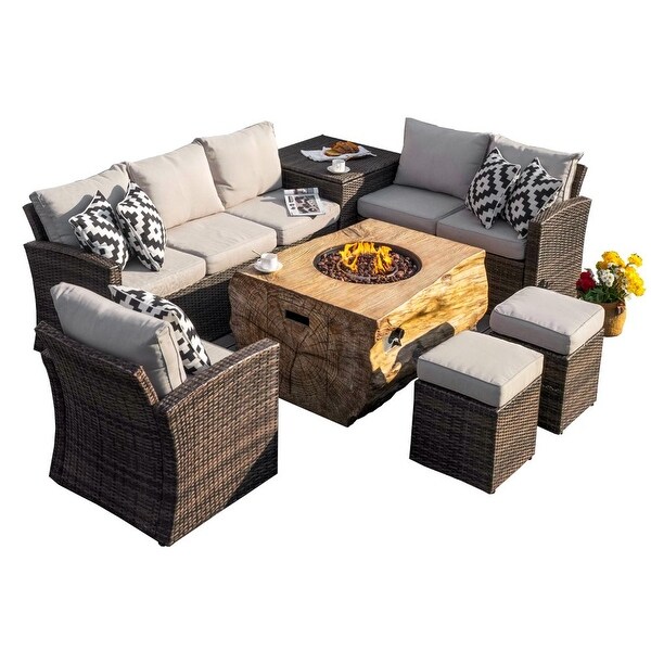 7piece Patio Wicker Garden Chat Sofa Set with Fire Pit and Storage Box