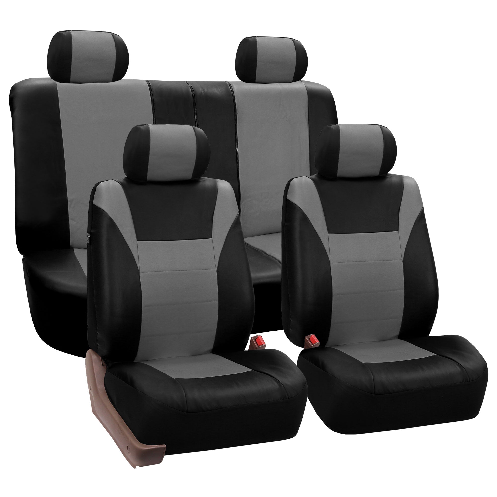 FH Group Gray Black Racing Faux Leather Airbag Compatible Split Bench Car 4 Headrest Seat Covers， Full Set