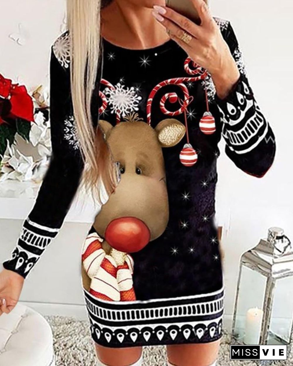 Christmas Mixed Print Long Sleeve Dress P10806