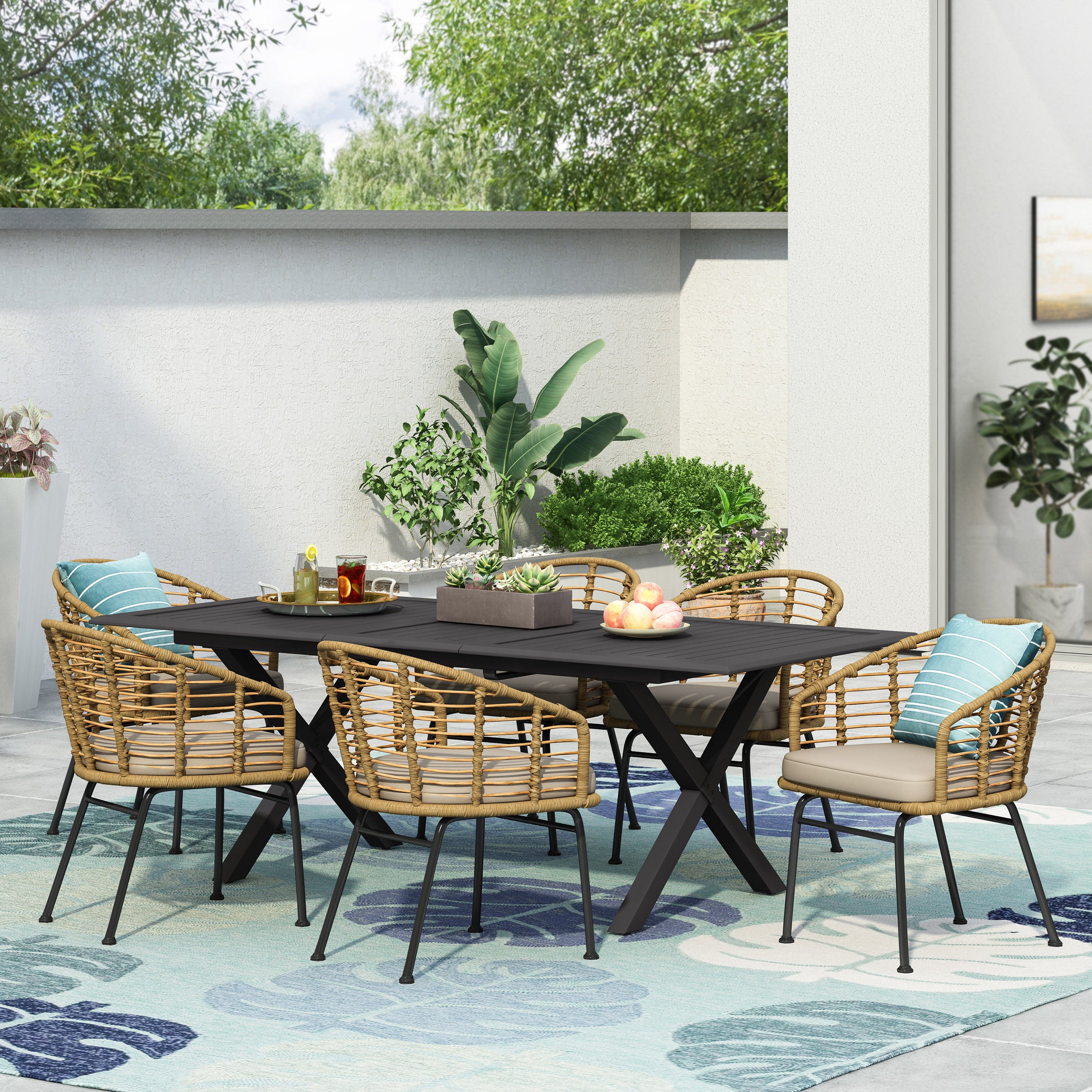 Saragus Outdoor Wicker 7 Piece Dining Set, Light Brown, Matte Black, and Beige