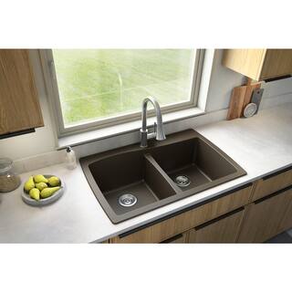 Karran QT-720 QuartzGranite 34 in. Double Bowl 5050 Top Mount Drop-In Kitchen Sink in Brown with Bottom Grid and Strainer QT-720-BR-PK1