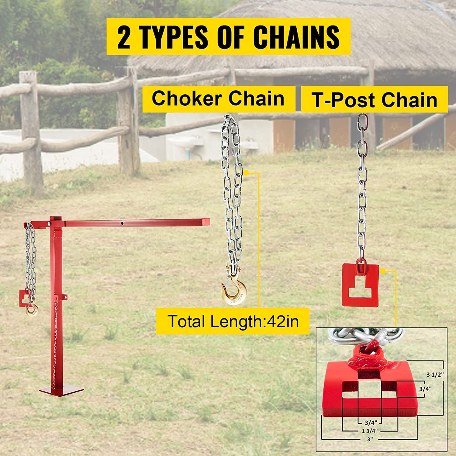 VEVOR T- Post Puller with T Post Chain and Choker Chain，T Post Chain Set Remover Puller，T Stake Puller for Round Fence Post, Metal, Sign Posts & Tree Stump