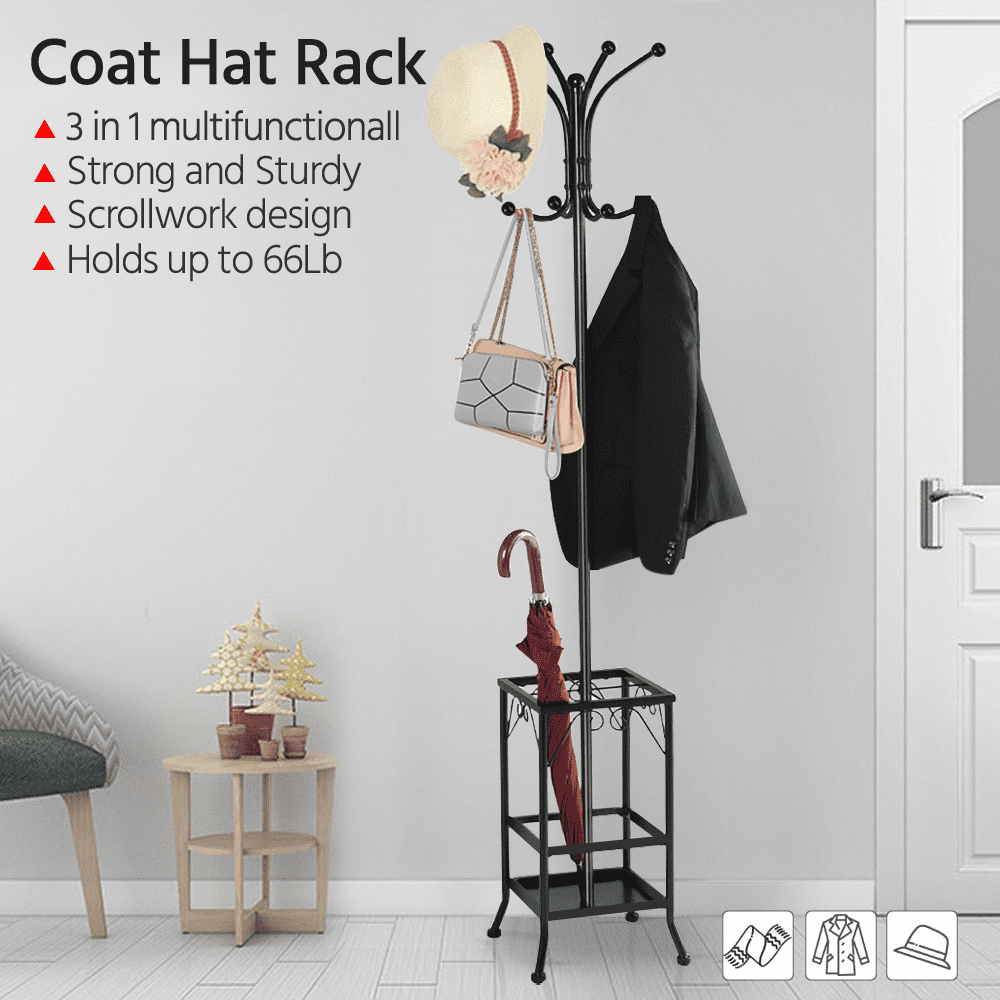 8 Hook Coat Hat Rack/Tree With Umbrella Holder， Black