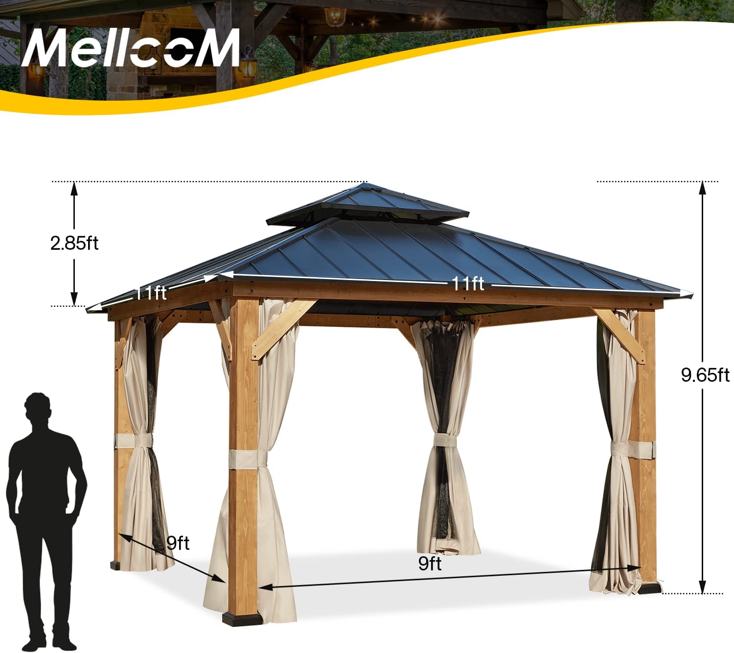 Mellcom 11' x 11' Solid Wood Gazebo, Outdoor Hardtop Gazebo with Curtains and Mosquito Netting, for Patio, Garden, Backyard