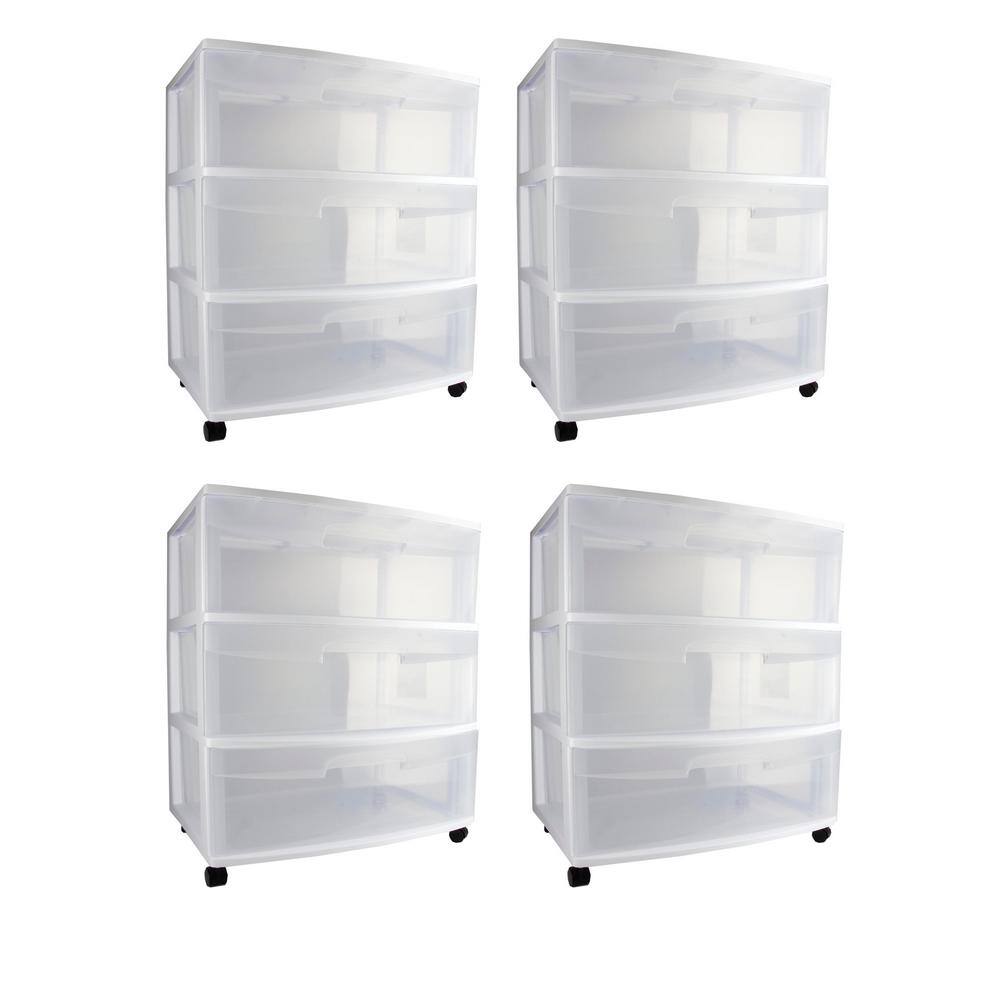 Sterilite 25.625 in. H x 15.25 in. W x 21.875 in. D Home 3 Drawer Wide Storage Cart Container with Casters (4-Pack) 4 x 29308001