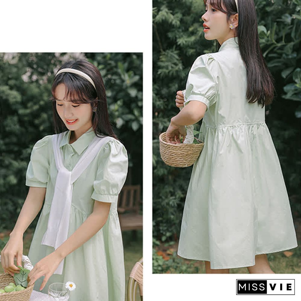 Loose Puff Sleeve A-line Lapel T-Shirt Dress