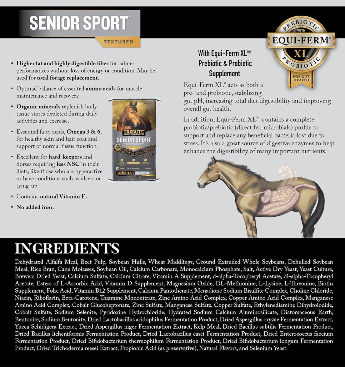 Tribute Equine Nutrition Senior Sport High Fiber， High Fat Horse Feed