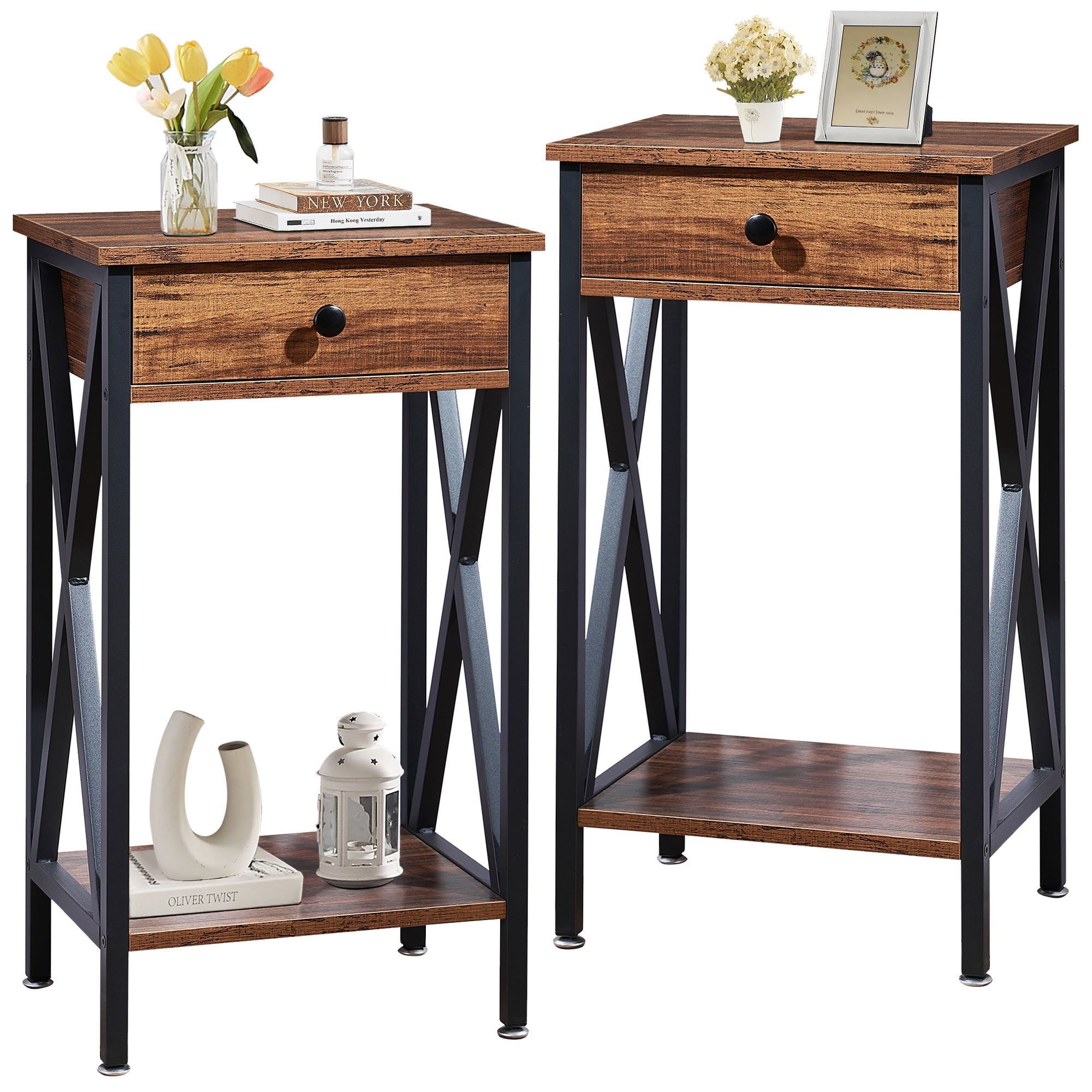 VECELO Set of 2 Nightstand with Drawer, Industrial Side End Table for Bedroom/Living Room/Office, X-shaped Frame Design, Brown