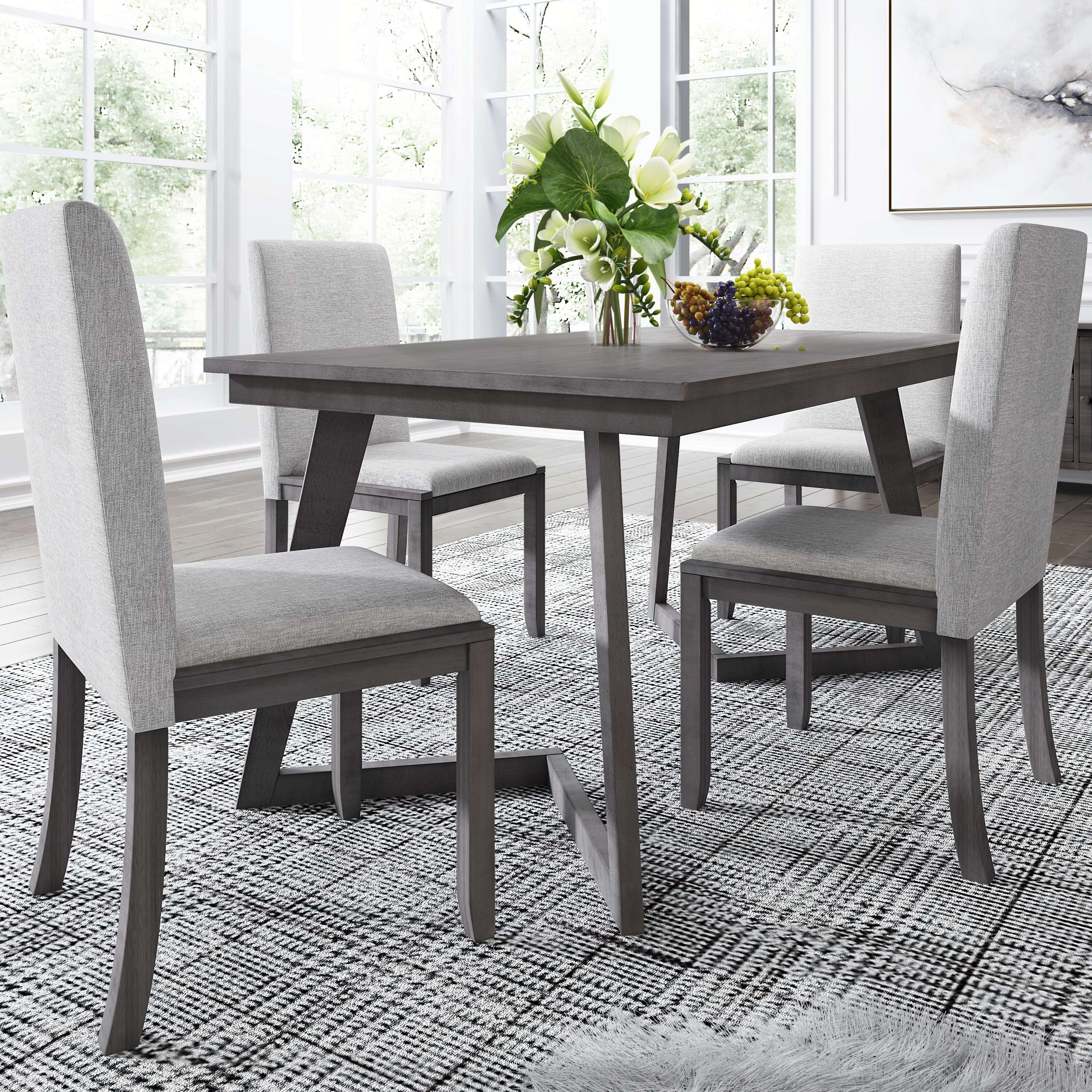 Wooden 5-Piece Dining Set: Rectangular Table with 4 Linen Fabric Chairs