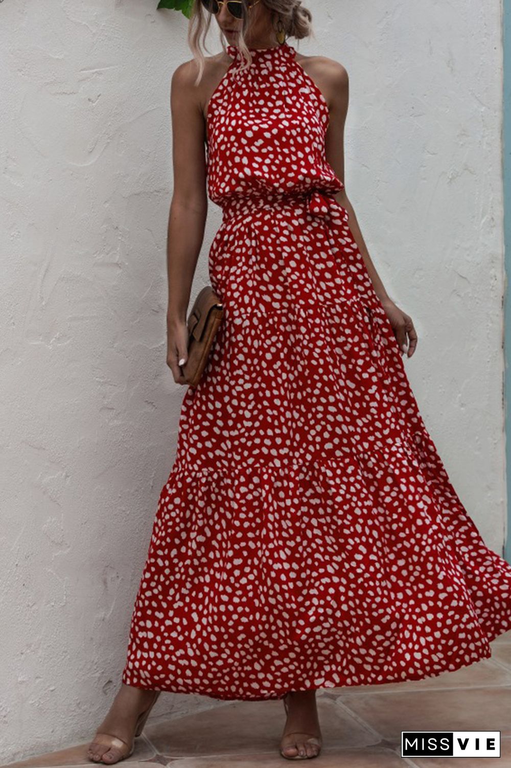 Halter Polka Dot Print Tie Waist Maxi Dress Wholesale