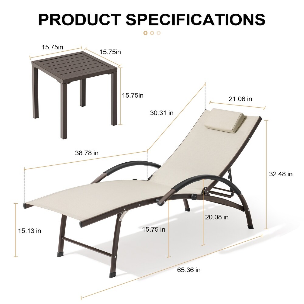 Crestlive Products Outdoor Aluminum Folding Adjustable Reclining Chaise Lounge Chairs and Table Set(Set of 3)