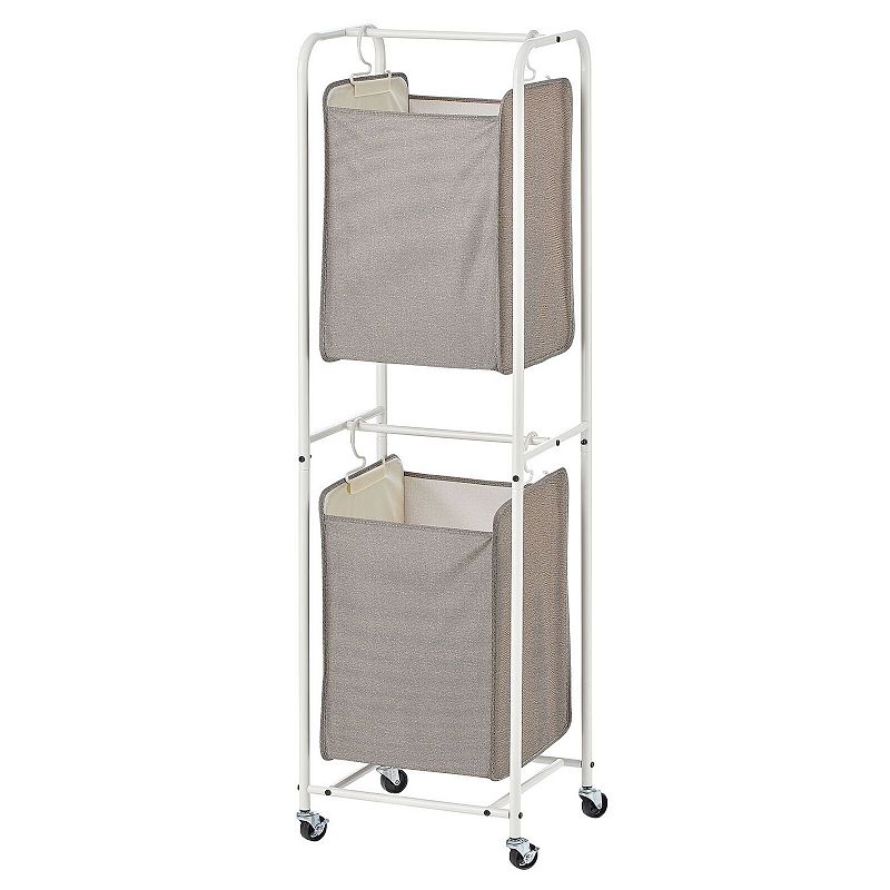 mDesign Vertical Stacked Laundry Hamper Basket with Wheels， Portable， 2 Removable Bags for Organizing Clothes， Laundry， Lights， Darks - Strong Metal Frame