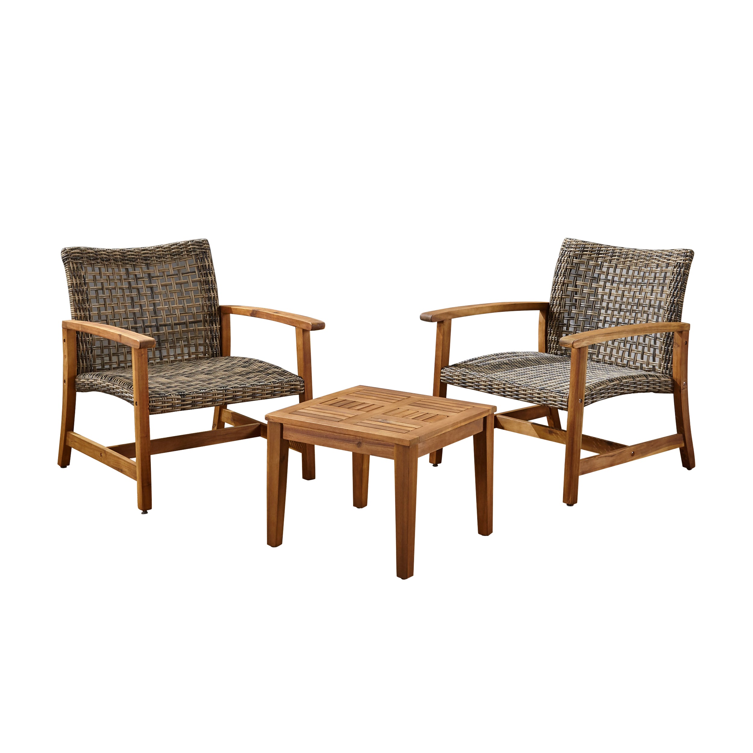 Alyssa Outdoor 3 Piece Wood and Wicker Club Chairs and Side Table Set