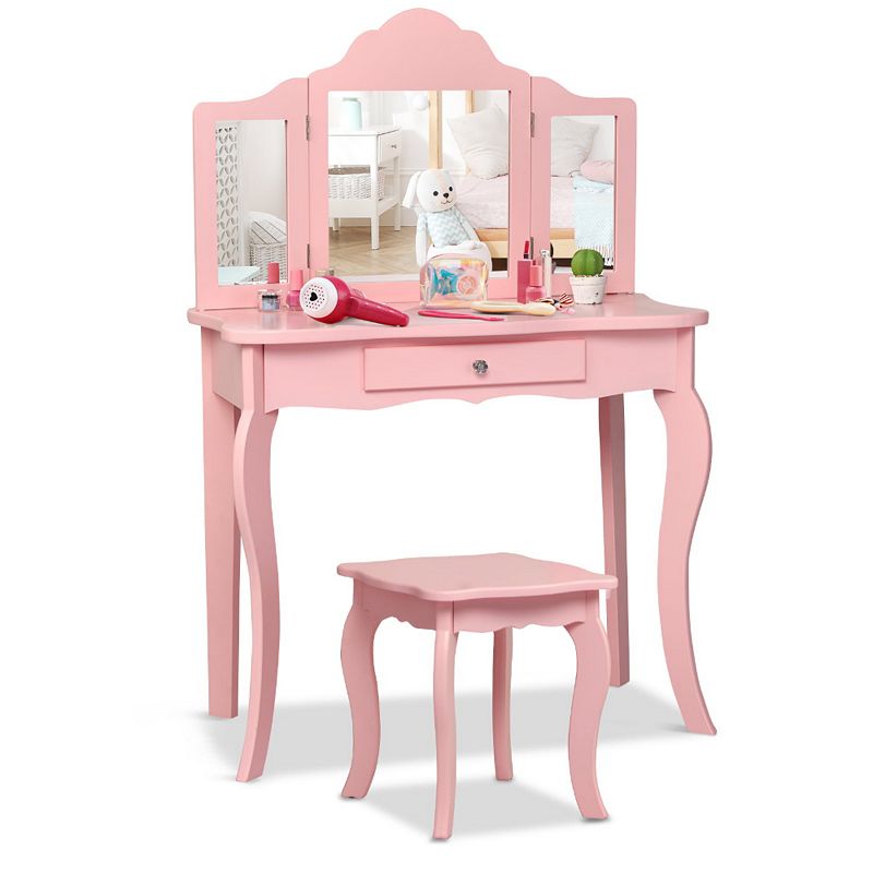 Kids Makeup Dressing Mirror Vanity Table Stool Set