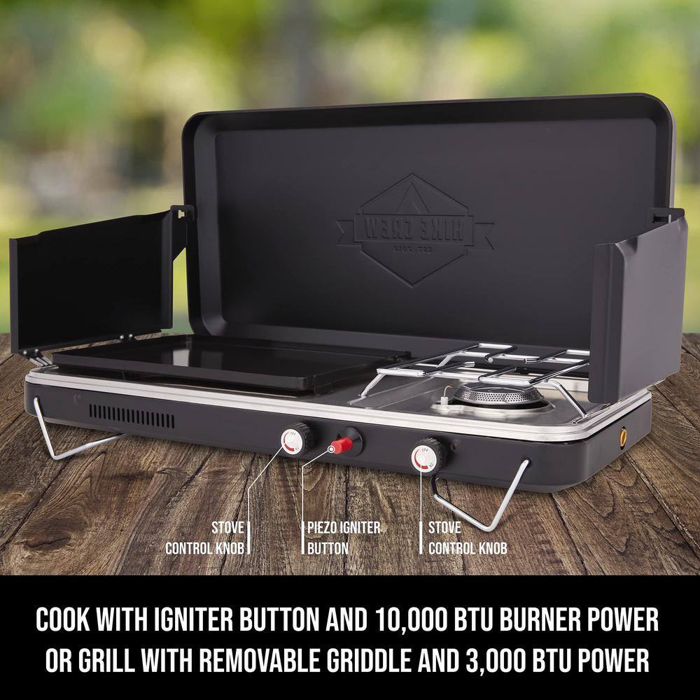 HIKE CREW 2-in-1 Portable Camping Stove and Propane Gas Grill with Igniter and Legs Black HC1B1FWIBK