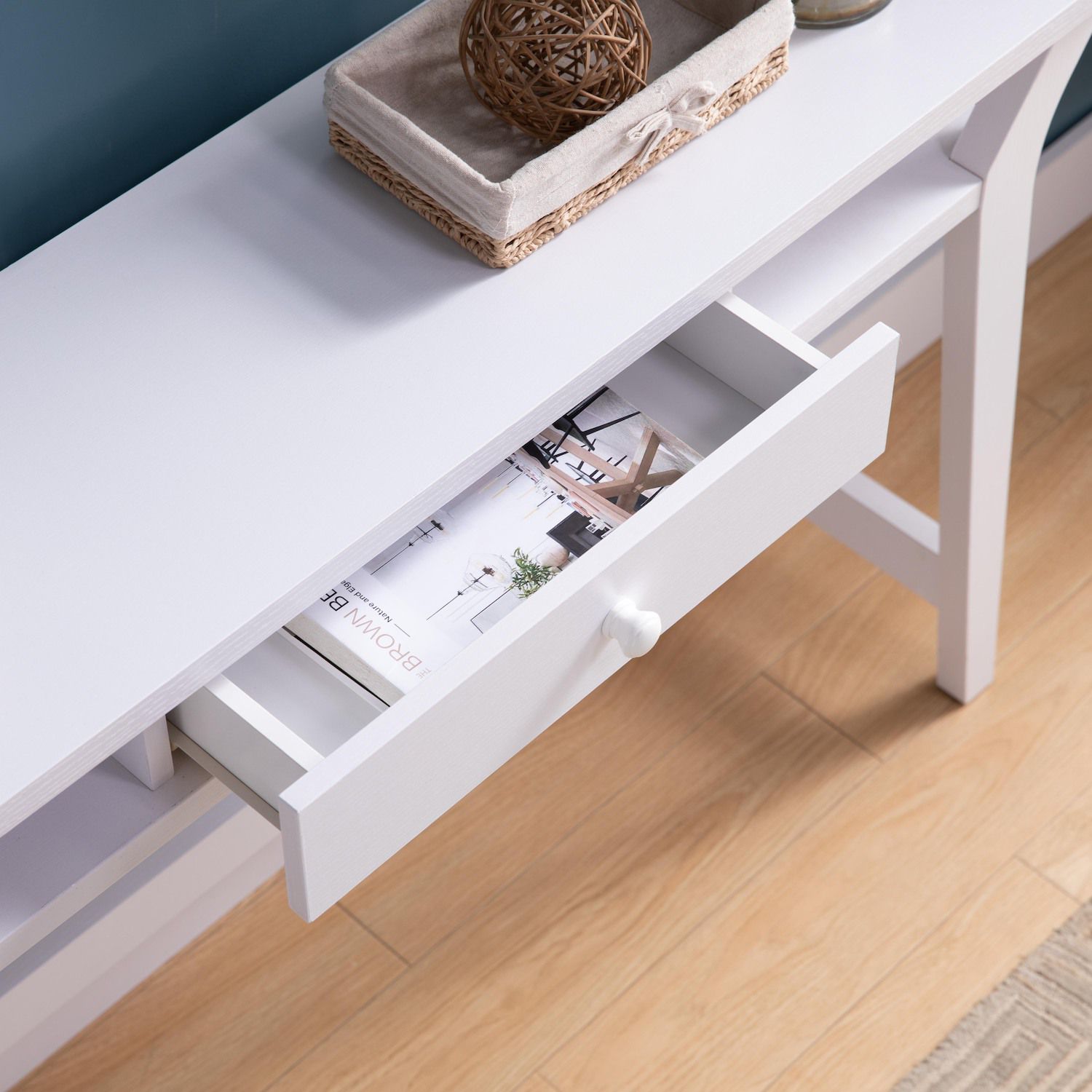 FC Design White Console Desk with 2 Side Shleves and Center Drawer