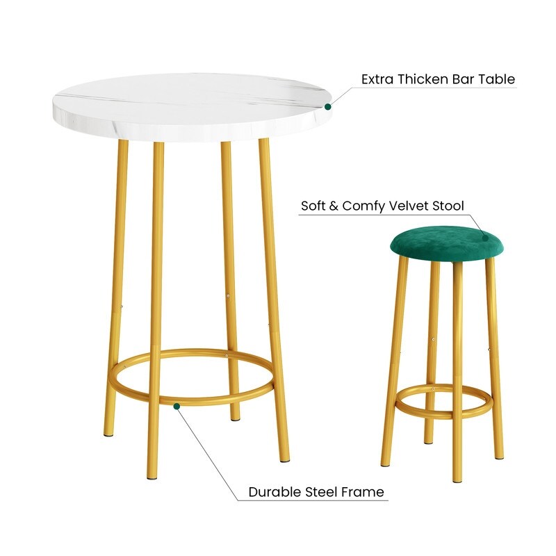 Eureka Modern 3 Pieces Fuax Marble Bar Table Set  Counter Height Round Pub Kitchen Dining Table Set with 2 Padded Stools