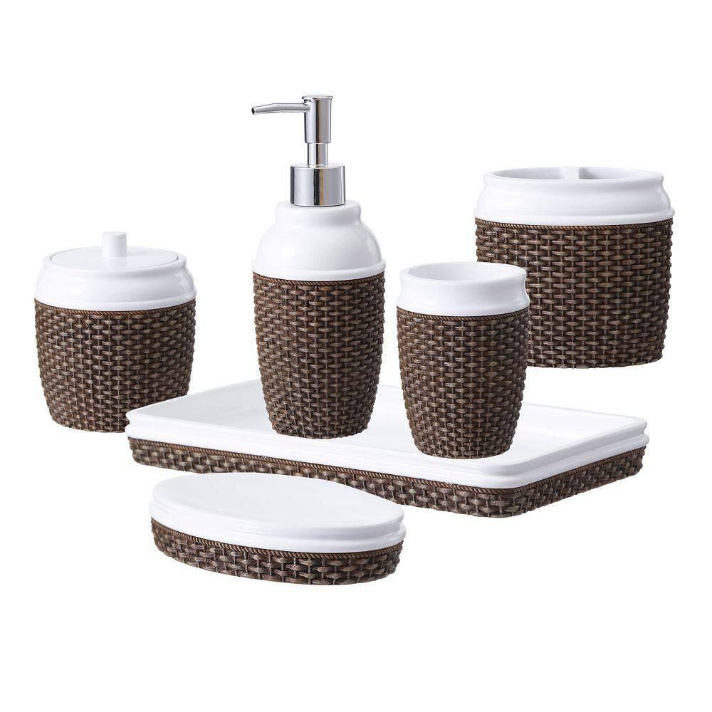 Dracelo 6-Piece Bathroom Accessory Set with Dispenser Cotton Jar Vanity Tray Soap Dish Tumbler Toothbrush Holder in Brown B09BJ7ZFX3