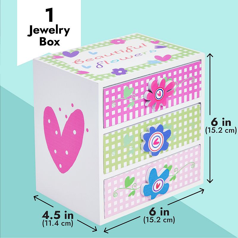 Small Floral Wood Jewelry Box for Girls with 3 Drawers (6 x 4.5 x 6 In)