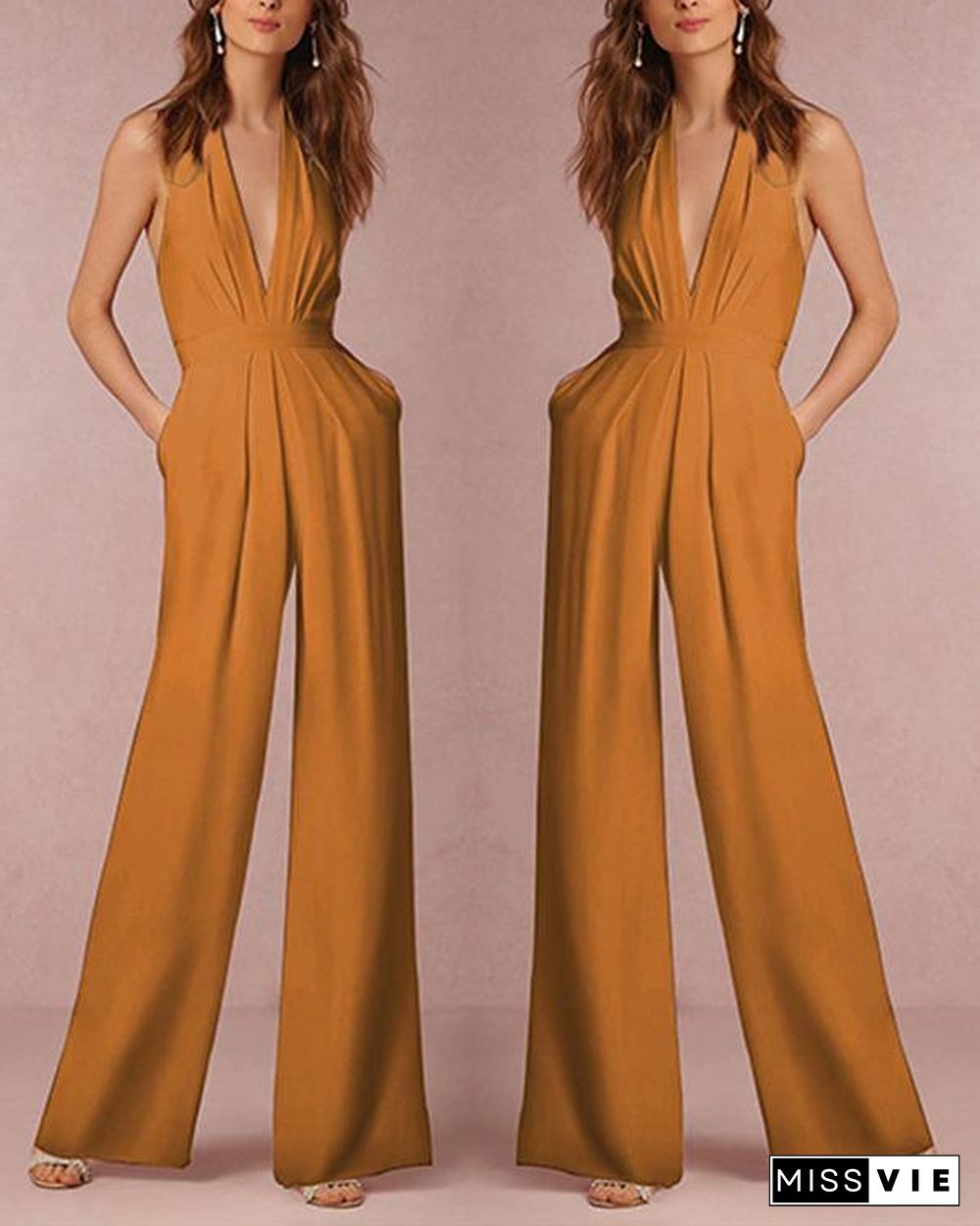 Halter Pocket Plain Wide-Leg Jumpsuit