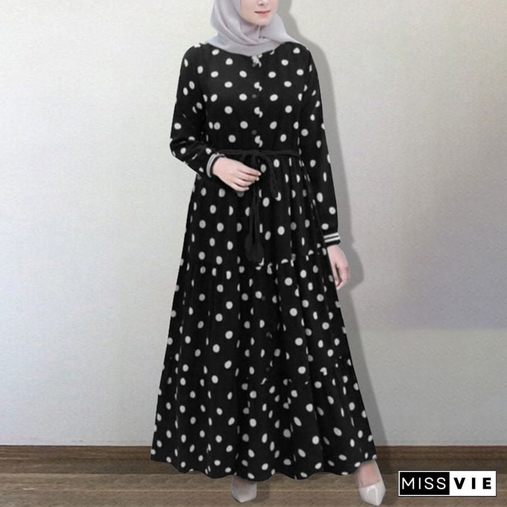 Zanzea Women Muslim Full Sleeve Polka Dots Plus Size Belted Dresses Kaftan Abaya Long Dress