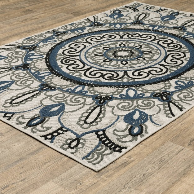 Trinity Bohemian Medallion Patio Area Rug Beige blue Captiv8e Designs