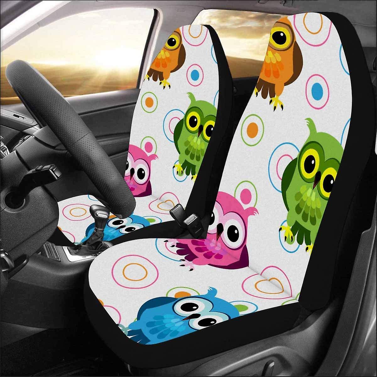 Set Of 2 Car Seat Covers Cute Fun Cartoon Owls Colorful Pink Blue Green Orange Random Circle Over White Universal Auto Front Seats Protector