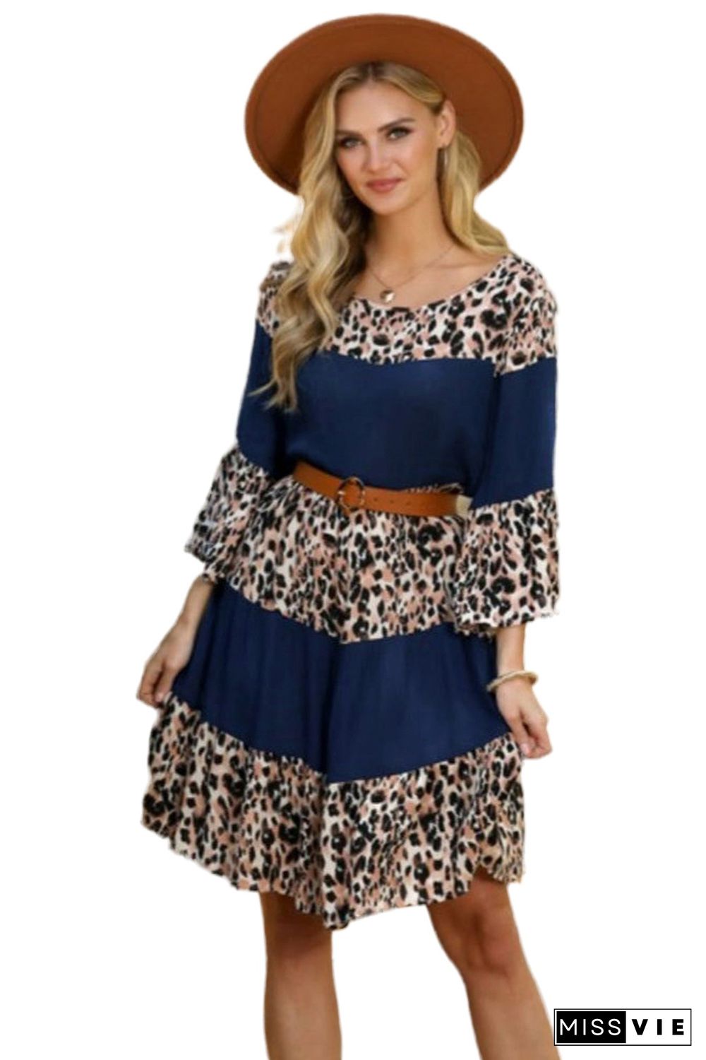 Leopard Splicing High Waist Long Sleeve Dress