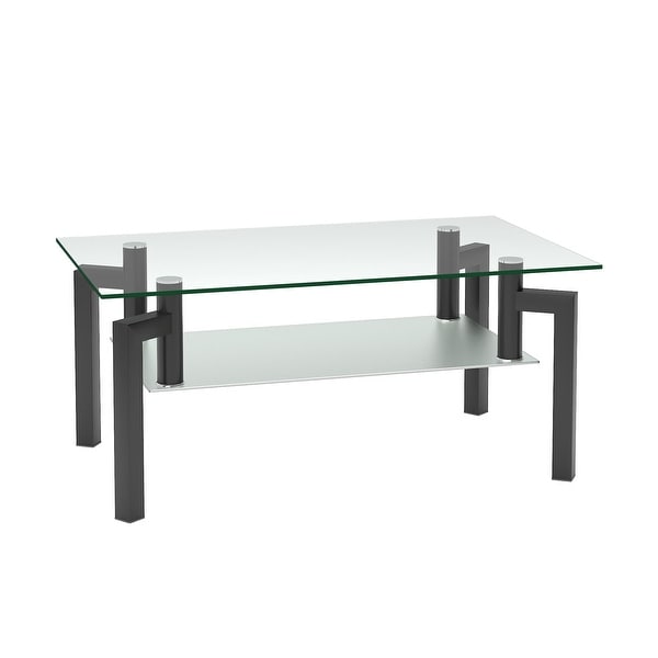 Rectangle Coffee Table 2-Tier Storage Side Table Black Tempered Glass Tabletop Center Table with Metal Tube Legs