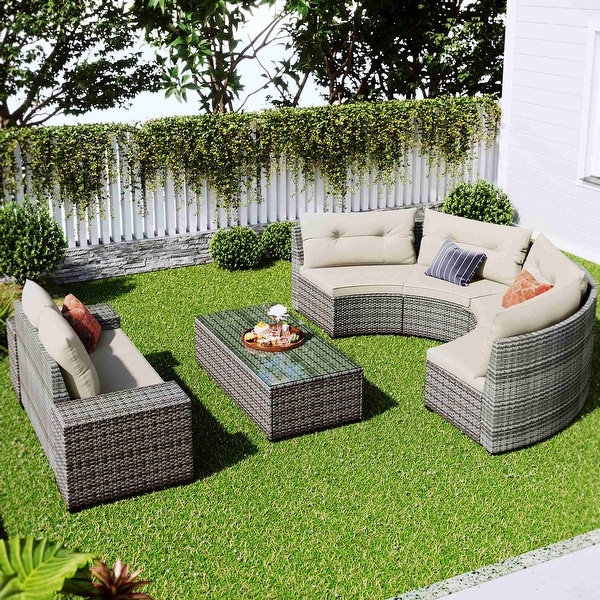 8pieces Outdoor Wicker Round Sofa Set，HalfMoon Sectional Sets All Weather，Curved Sofa Set With Rectangular Coffee Table