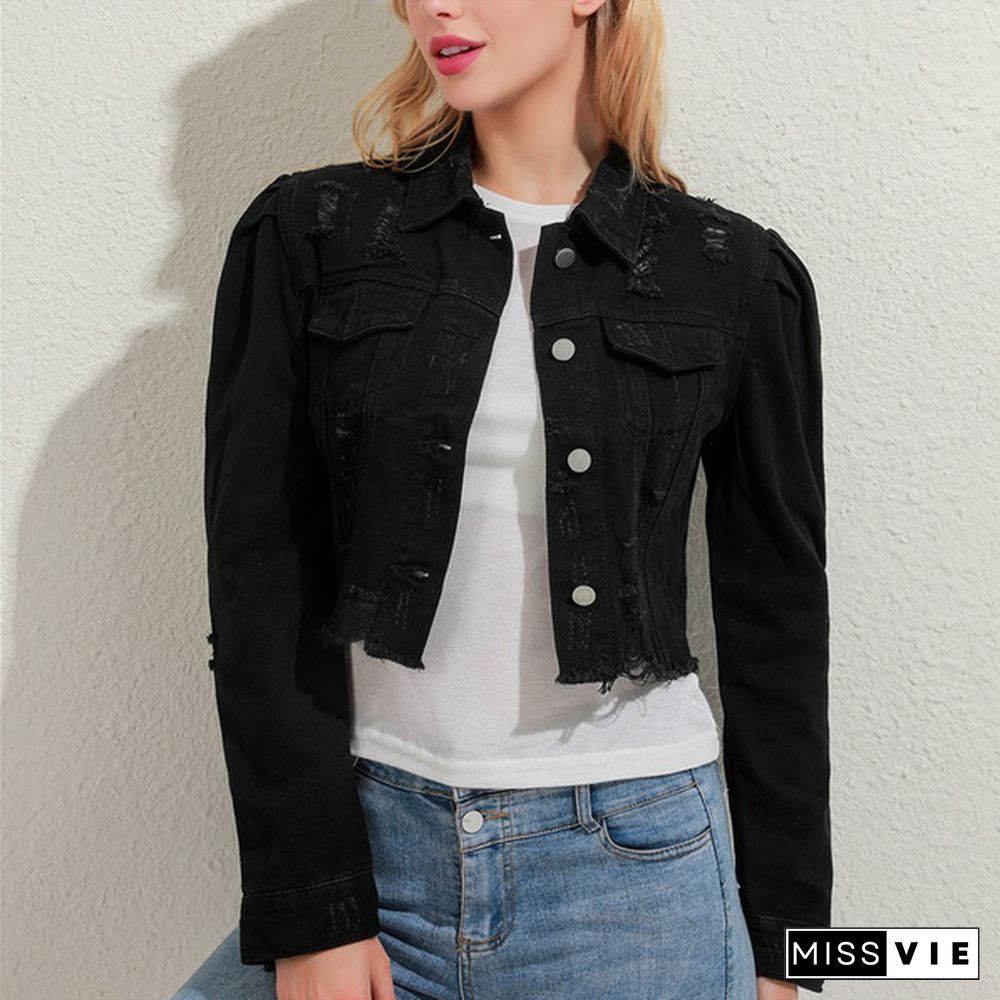 Women Ripped Denim Jackets Vintage Casual Short Jean Jacket Puff Sleeve Female Coat Streetwear