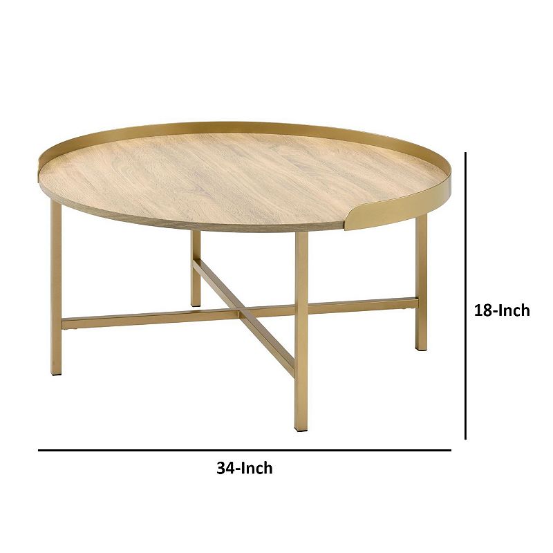 Kai 34 Inch Wood Coffee Table， Round Tray Top， Metal Accent， Brown， Brass