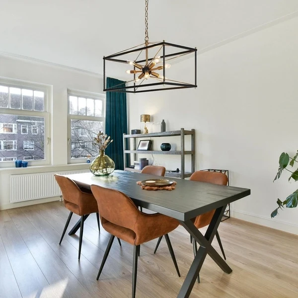 Leno Modern Farmhouse 8-Light Black Gold Rectangle Chandelier Starburst Island Lights for Dining Room