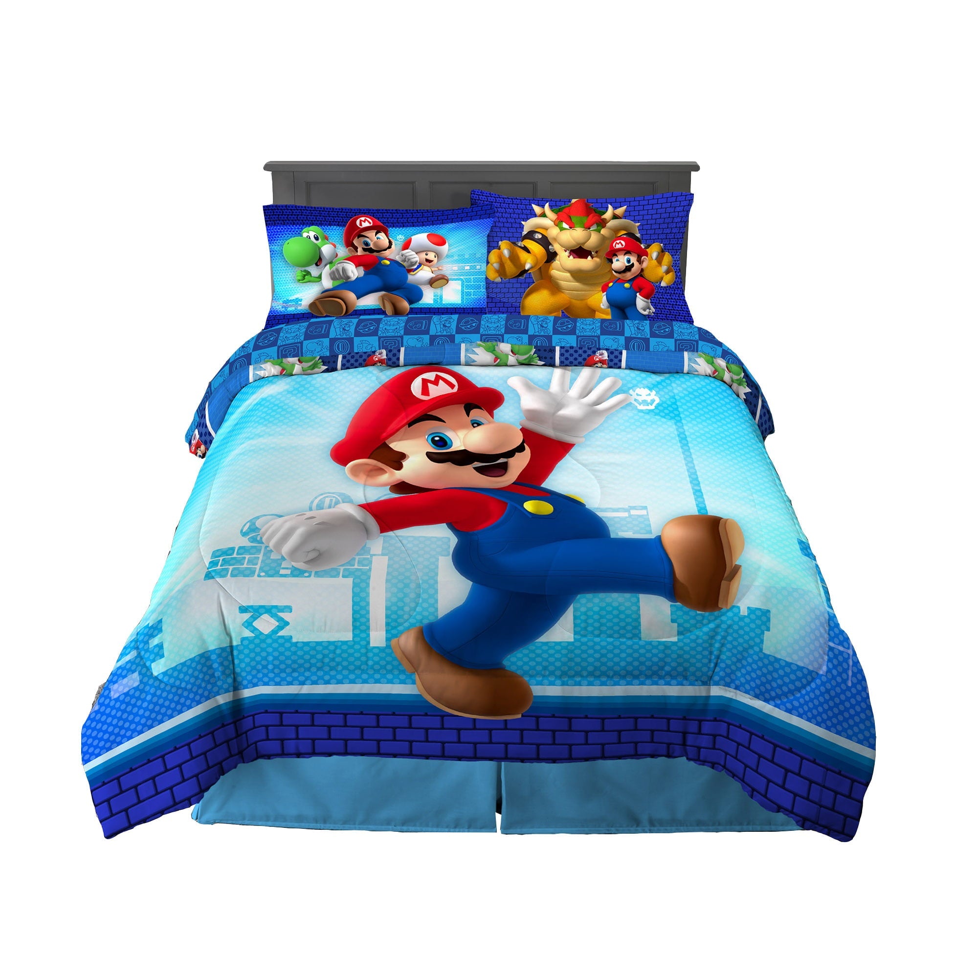 Super Mario Kids Full Bed in a Bag, Gaming Bedding, Comforter and Sheets, Blue, 