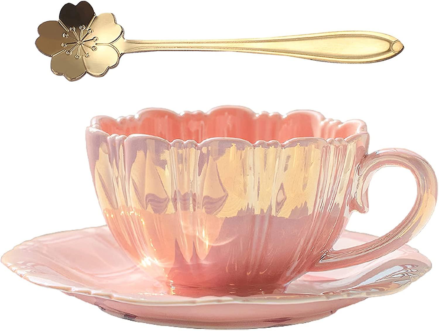 Porcelain Coffee Mugs Flower Shaped Tea Cup And Saucer Set For Housewarming Gift Home Decor (pink)