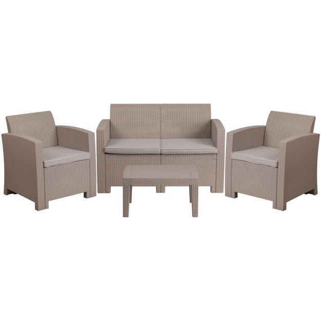 Flash Furniture 4 Piece Outdoor Faux Rattan Chair Loveseat And Table Set In Light Gray