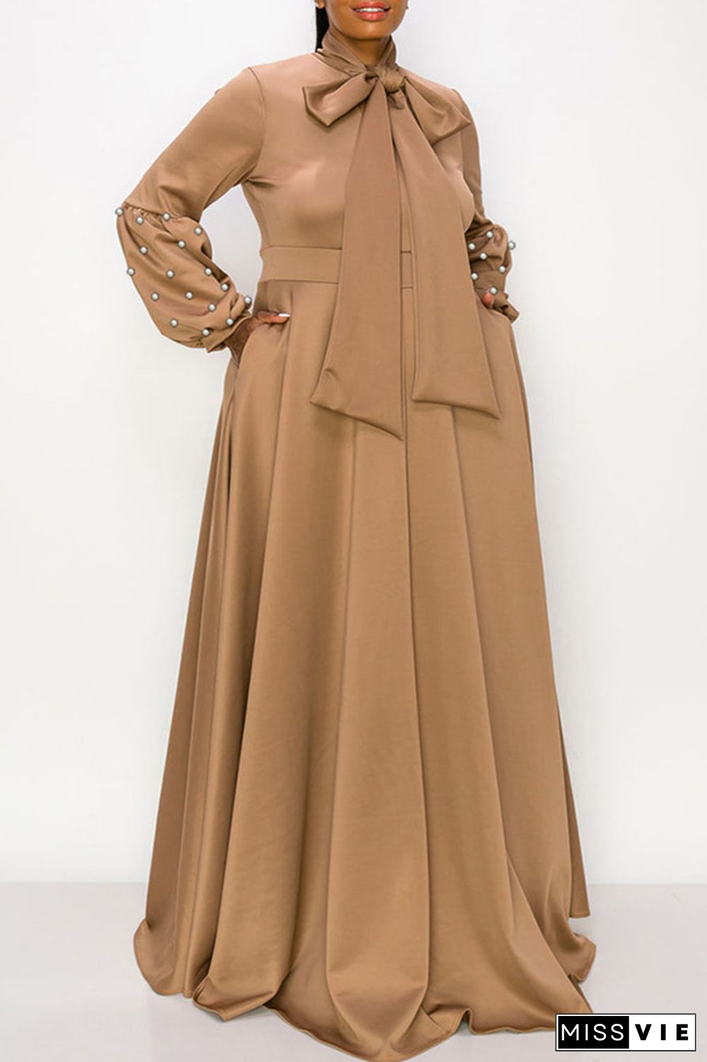 Khaki Casual Elegant Solid Patchwork Beading Ribbon Collar Evening Dress Plus Size Dresses